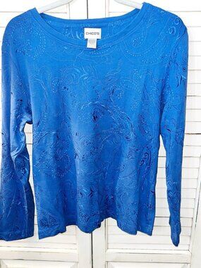 Chico's Jemma Long Sleeve Top in Vibrant Blue Embroidered Floral Size 2/ Large